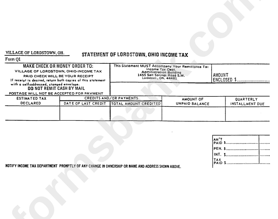 Form Q1 - Statement Of Lordstown, Ohio Income Tax