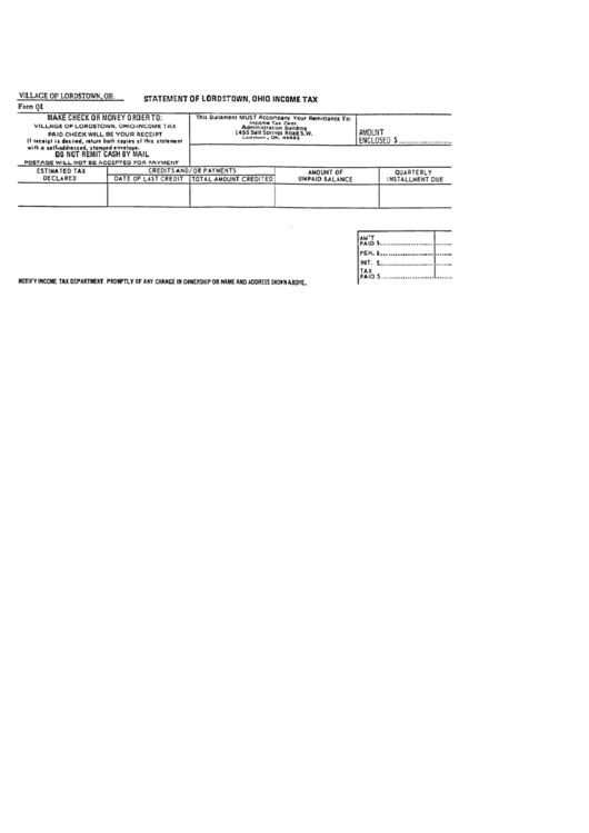 Form Q1 - Statement Of Lordstown, Ohio Income Tax Printable pdf