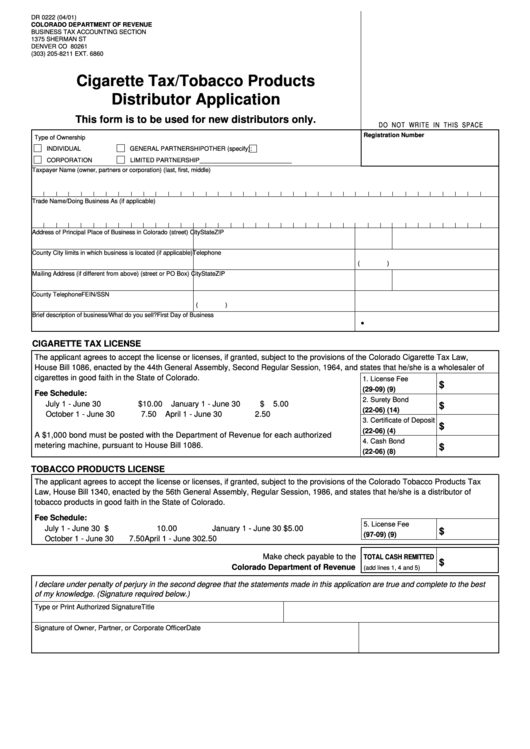 Form Dr 0222 - Cigarette Tax/tobacco Products Distributor Application - Department Of Revenue Printable pdf