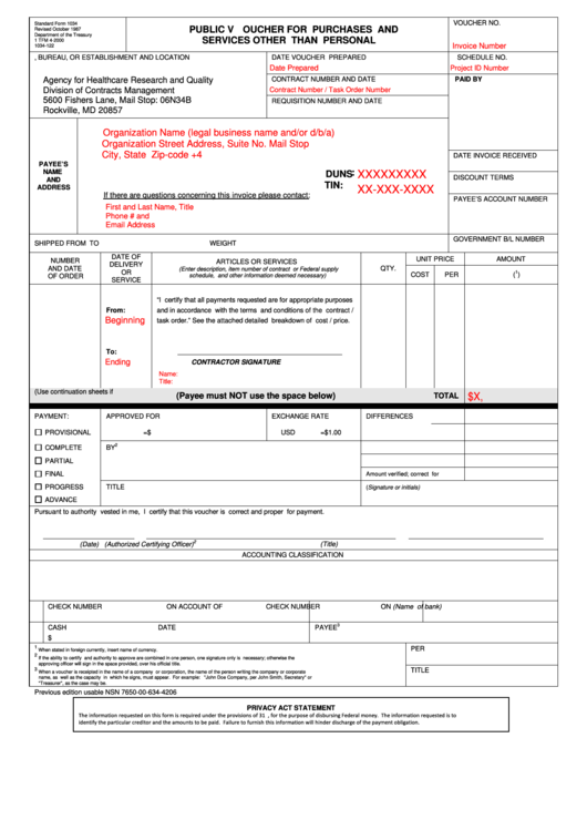 Standart Form 1034 - Public Voucher For Purchases And Services Other Than Personal - Department Of The Treasury