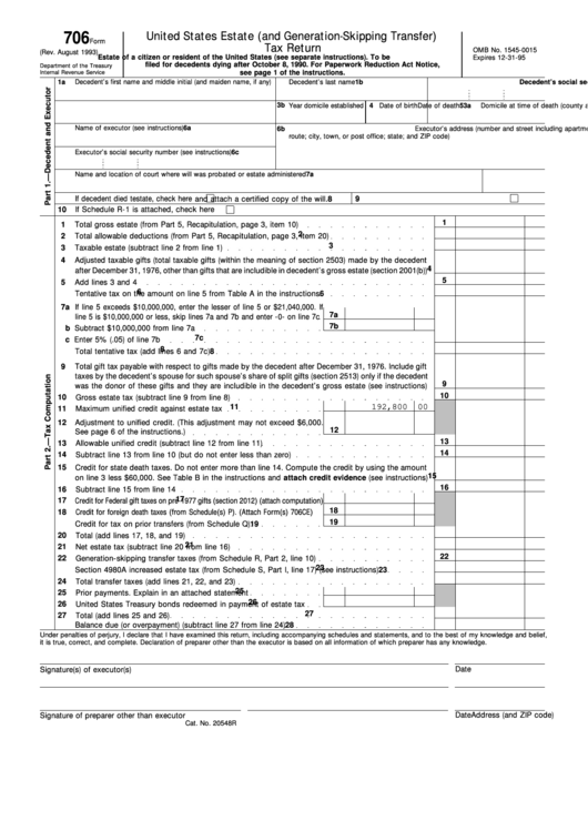 Form 706 - United States Estate (And Generation-Skipping Transfer) Tax Return Printable pdf