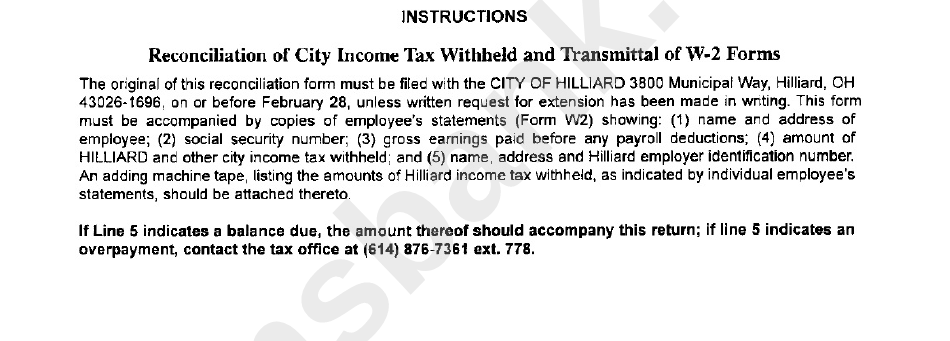 Instructions For Completion Of Form Eqr/w-2 - City Of Hilliard - Division Of Taxation