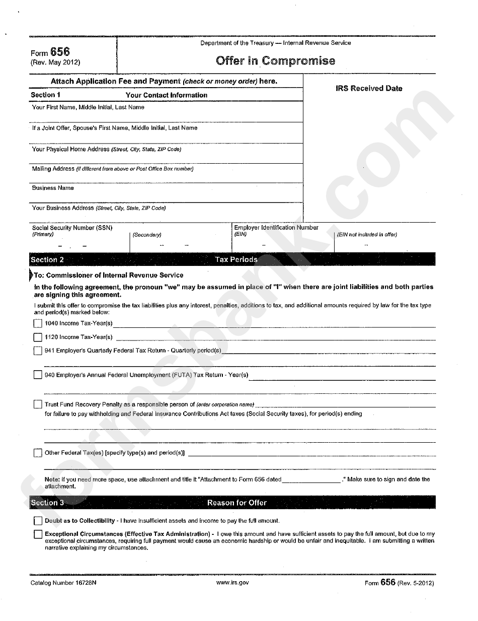 Form 656 - Offer In Compromise - Department Of Treasury