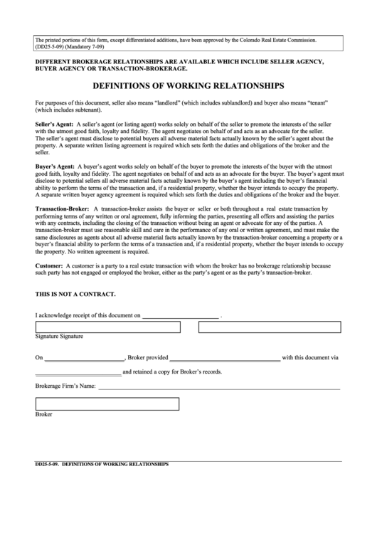 Form Dd25-5-09 - Definitions Of Working Relationships - Colorado Real Estate Commission Printable pdf