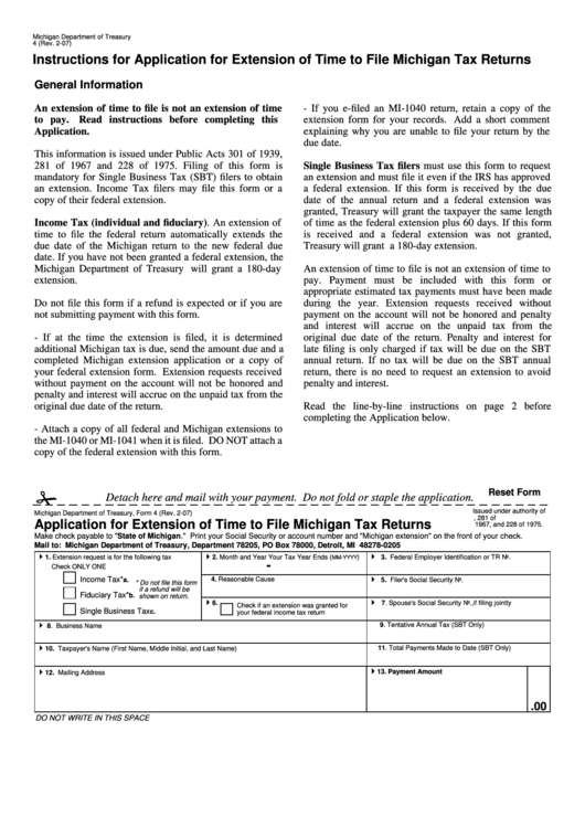 Fillable Form 4 - Application For Extension Of Time To File Michigan Tax Returns Printable pdf