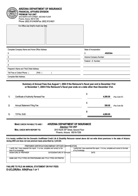 Form E-Ucldr - Financial Affairs Division Premium Tax Unit - Arizona Department Of Insurance Printable pdf