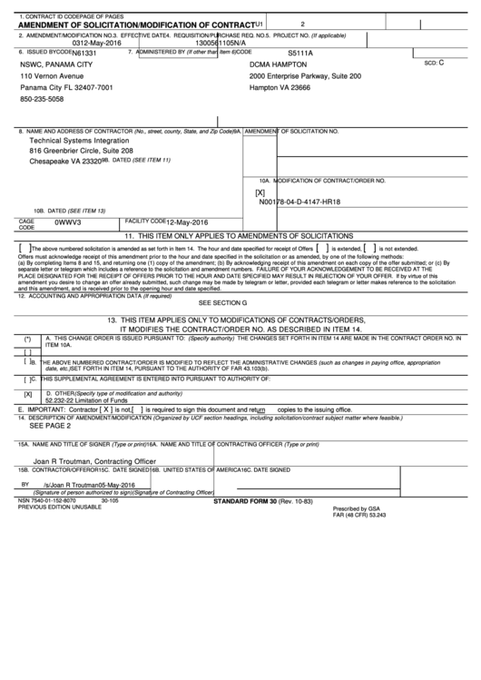 Standard Form 30 - Amendment Of Solicitation/modification Of Contract Printable pdf