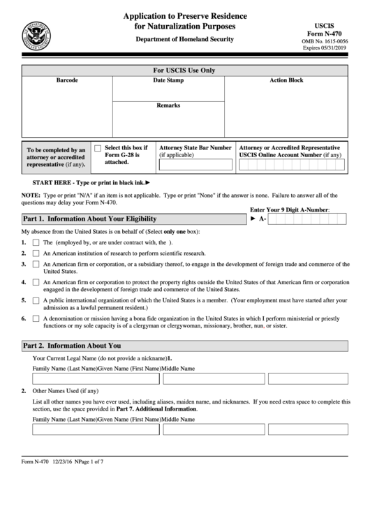 Fillable Form N-470 - Application To Preserve Residence For Naturalixation Purposes Printable pdf