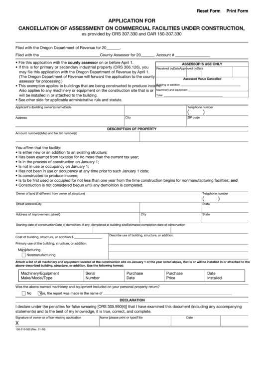 Fillable Form 150-310-020 - Application For Cancellation Of Assessment On Commercial Facilities Under Construction Or Construction Printable pdf