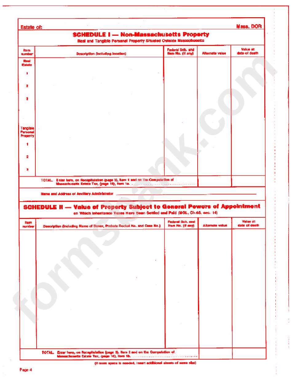 Schedule I - Non-Massachusetts Property And Schedule Ii - Value Of Property Subject To General Powers Of Appointment