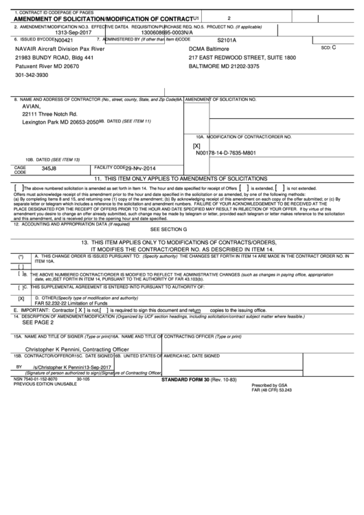 Standard Form 30 - Amendment Of Solicitation/modification Of Contract Printable pdf