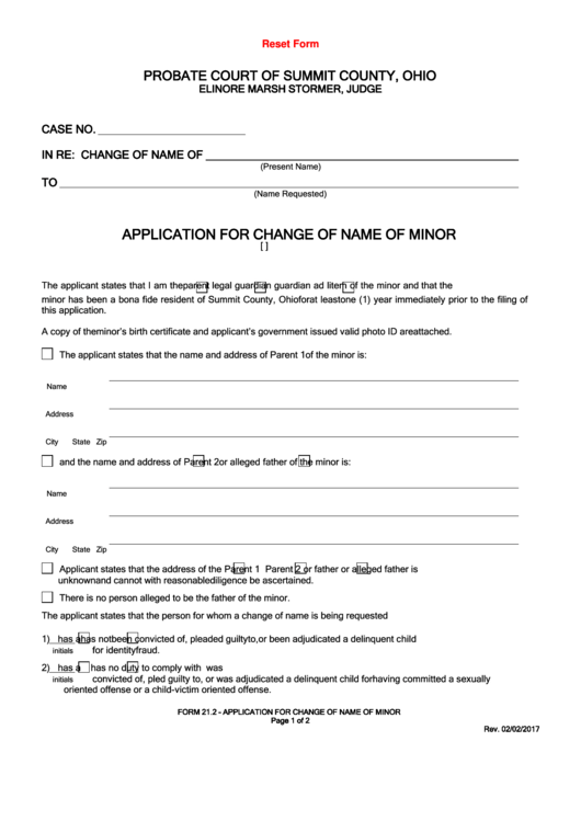 Fillable Form 21.2 - Application For Change Of Name Of Minor - Probate Court Of Summit County Printable pdf