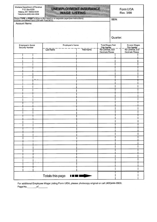 Form Ui5a - Unemployment Insurance Wage Listing - Department Of Revenue Printable pdf