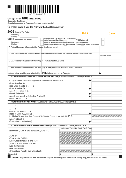 Fillable Form 600 - Corporation Tax Return - Georgia Department Of Revenue Printable pdf