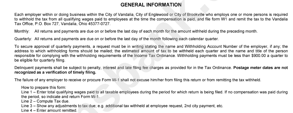 Instructions For Form W-1 - City Of Vandalia Tax Return