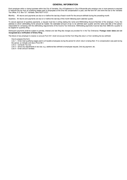Instructions For Form W-1 - City Of Vandalia Tax Return Printable pdf