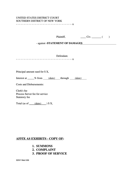 Statement Of Damages - United States District Court Printable pdf