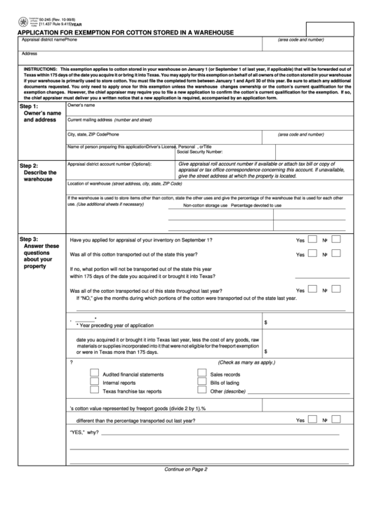 Form 50-245 - Application For Exemption For Cotton Stored In A Warehouse Printable pdf