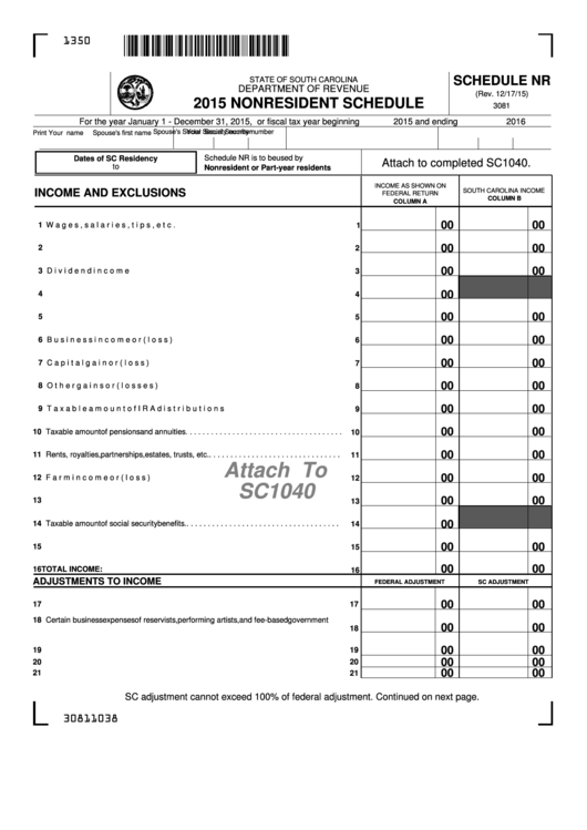 Form 3081 - Schedule Nr - Nonresident Schedule - 2015 Printable pdf