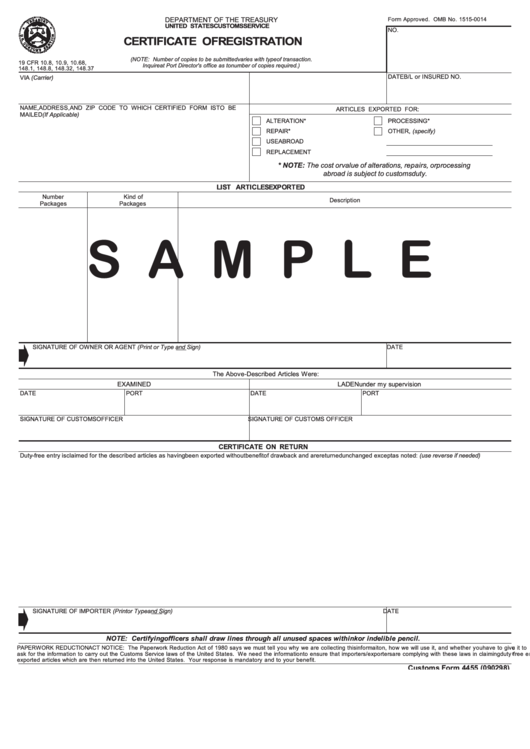Form 4455 - Certificate Of Registration - Certificate Of Registration - Sample Printable pdf