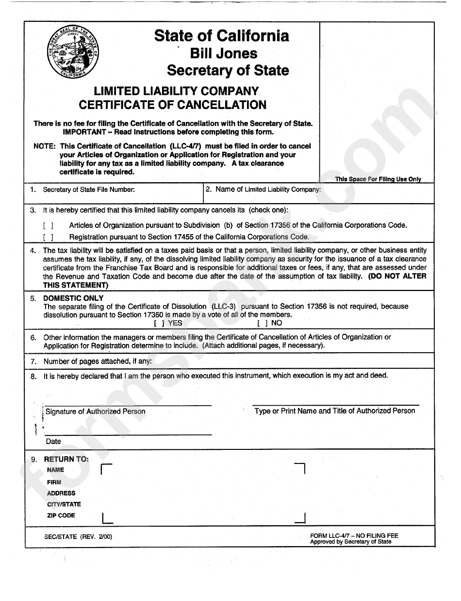 Form Llc 4/7 Limited Liability Company Certificate Of Cancellation