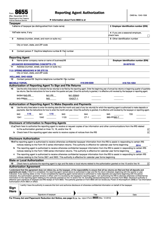 Fillable Form 8655 - Reporting Agent Authorization Printable pdf