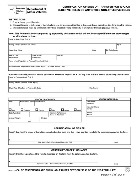 Fillable Form Mv-51 - Certification Of Sale Or Transfer For 1972 Or Older Vehicles Or Any Other Non-Titled Vehicles Printable pdf