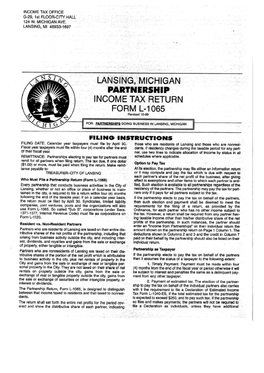 Form L-1065 - Income Tax Return - Lansing City - State Of Michigan Printable pdf