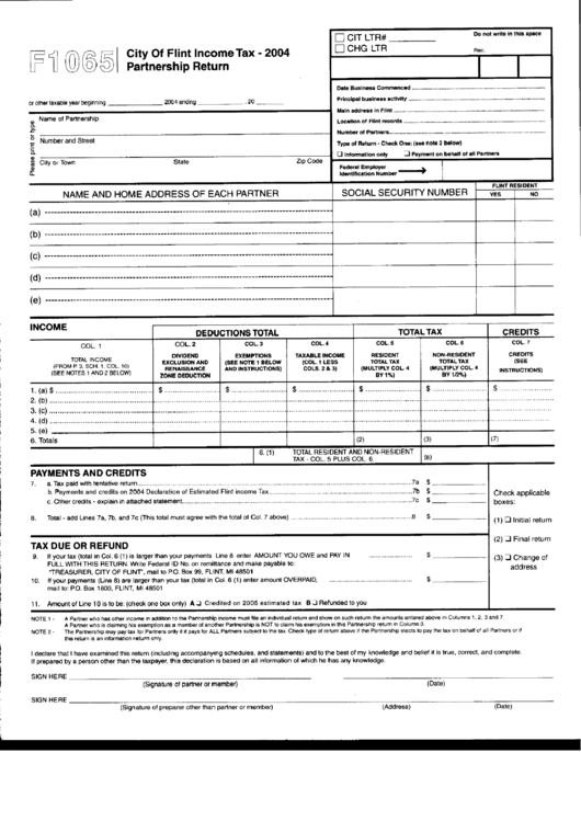 Form F1065 - City Of Flint Income Tax Partnership Return - 2004 Printable pdf