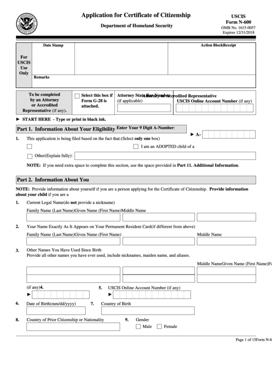 Fillable Form N-600 - Application For Certificate Of Citizenship - Department Of Homeland Security Printable pdf
