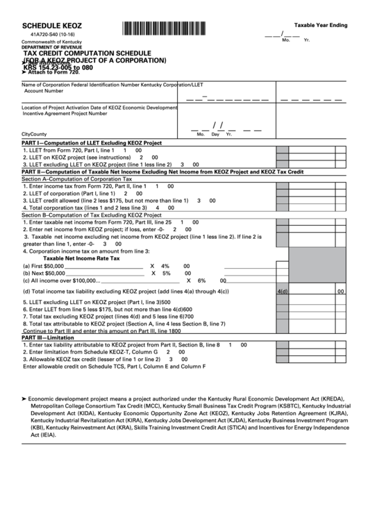 Form 41a720-S40 - Schedule Keoz - Tax Credit Computation Schedule (For A Keoz Project Of A Corporation) Printable pdf