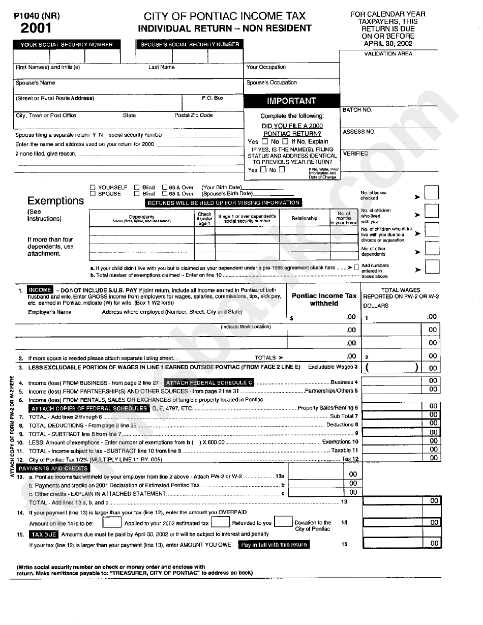 Form P1040 (Nr) - Individual Return - Non Resident - City Of Pontiac Income Tax