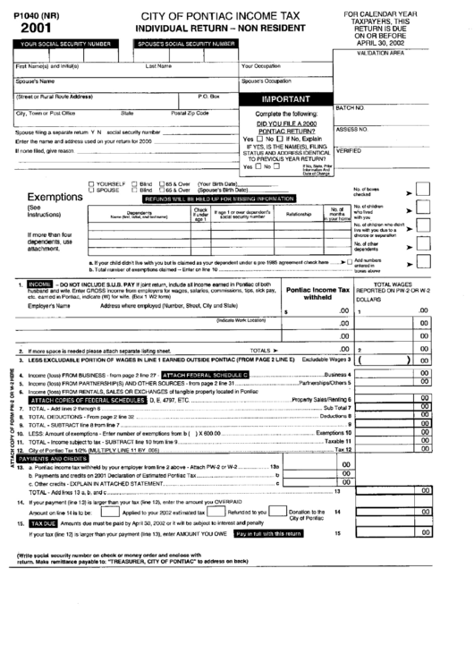 Form P1040 (Nr) - Individual Return - Non Resident - City Of Pontiac Income Tax Printable pdf