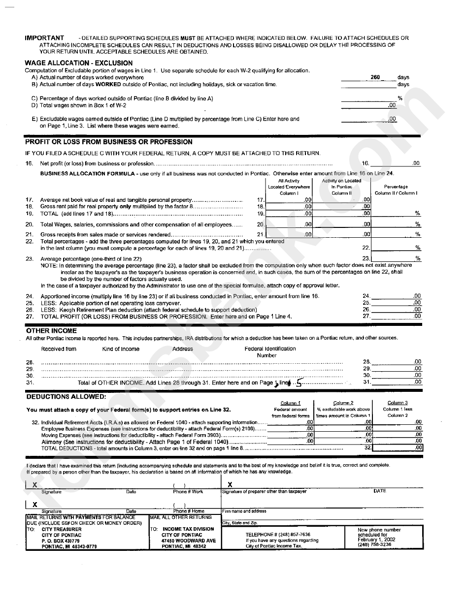 Form P1040 (Nr) - Individual Return - Non Resident - City Of Pontiac Income Tax