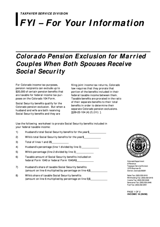 Form Income 18 - Colorado Pension Exclusion For Married Couples When Both Spouses Receive Social Security Printable pdf