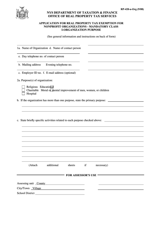 Form Rp-420-A-Org - Application For Real Property Tax Exemption For Nonprofit Organizations - Mandatory Class I-Organization Purpose - 2008 Printable pdf