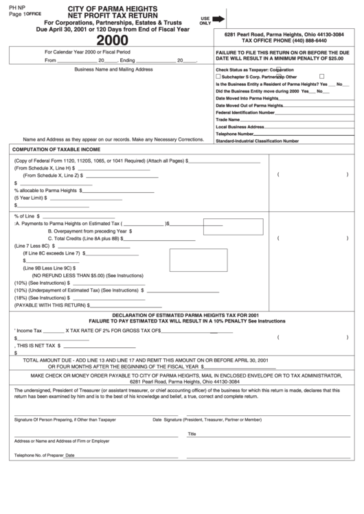 Form Ph Np - Net Profit Tax Return - City Of Parma Heights - 2000 Printable pdf