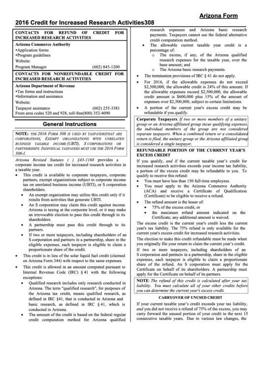 Arizona Form 308 - Credit For Increased Research Activities - 2016 Printable pdf