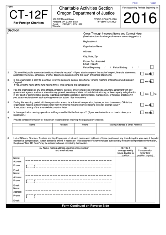 Form Ct-12f - Tax Return For Foreign Charities - 2016