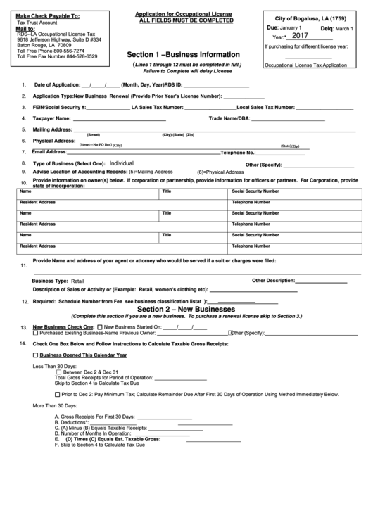 Application For Occupational License - City Of Bogalusa, La