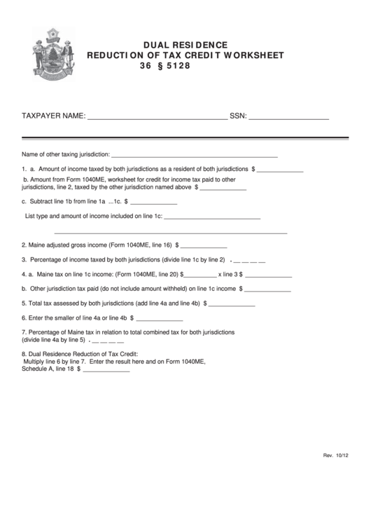Dual Residence Reduction Of Tax Credit Worksheet Form - Maine Revenue Services - 2012 Printable pdf
