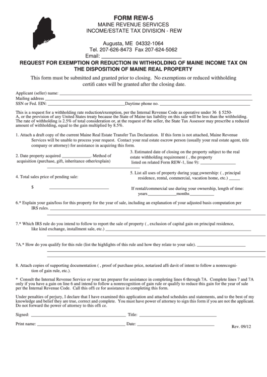 Form Rew-5 - Request For Exemption Or Reduction In Withholding Of Maine Income Tax On The Disposition Of Maine Real Property Printable pdf