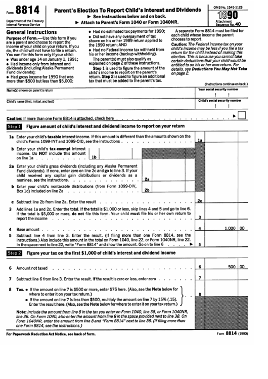 Form 8814 Parents Election To Report Child S Interest And Dividends 