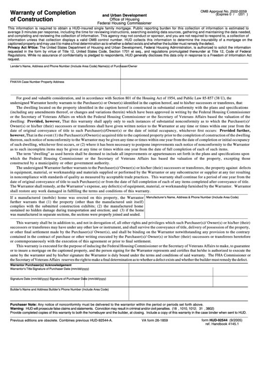 Fillable Form Hud-92544 - Warranty Of Completion Of Construction Printable pdf