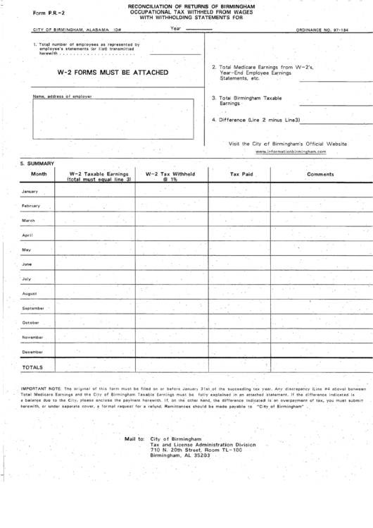 Form P.r.-2 - Reconciliation Of Returns Of Birmingham Occupational Tax Withheld From Wages With Withholding Statements Printable pdf