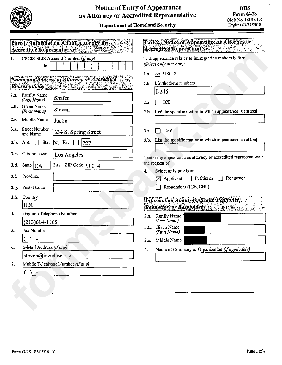 Form G-28 - Notice Of Entry Appearance As Attorney Or Accredited Representative Sample