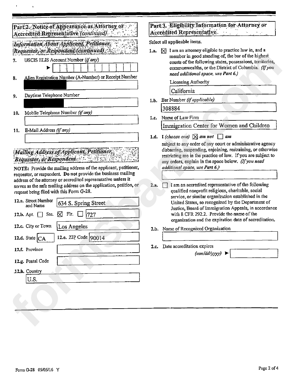 Form G-28 - Notice Of Entry Appearance As Attorney Or Accredited Representative Sample