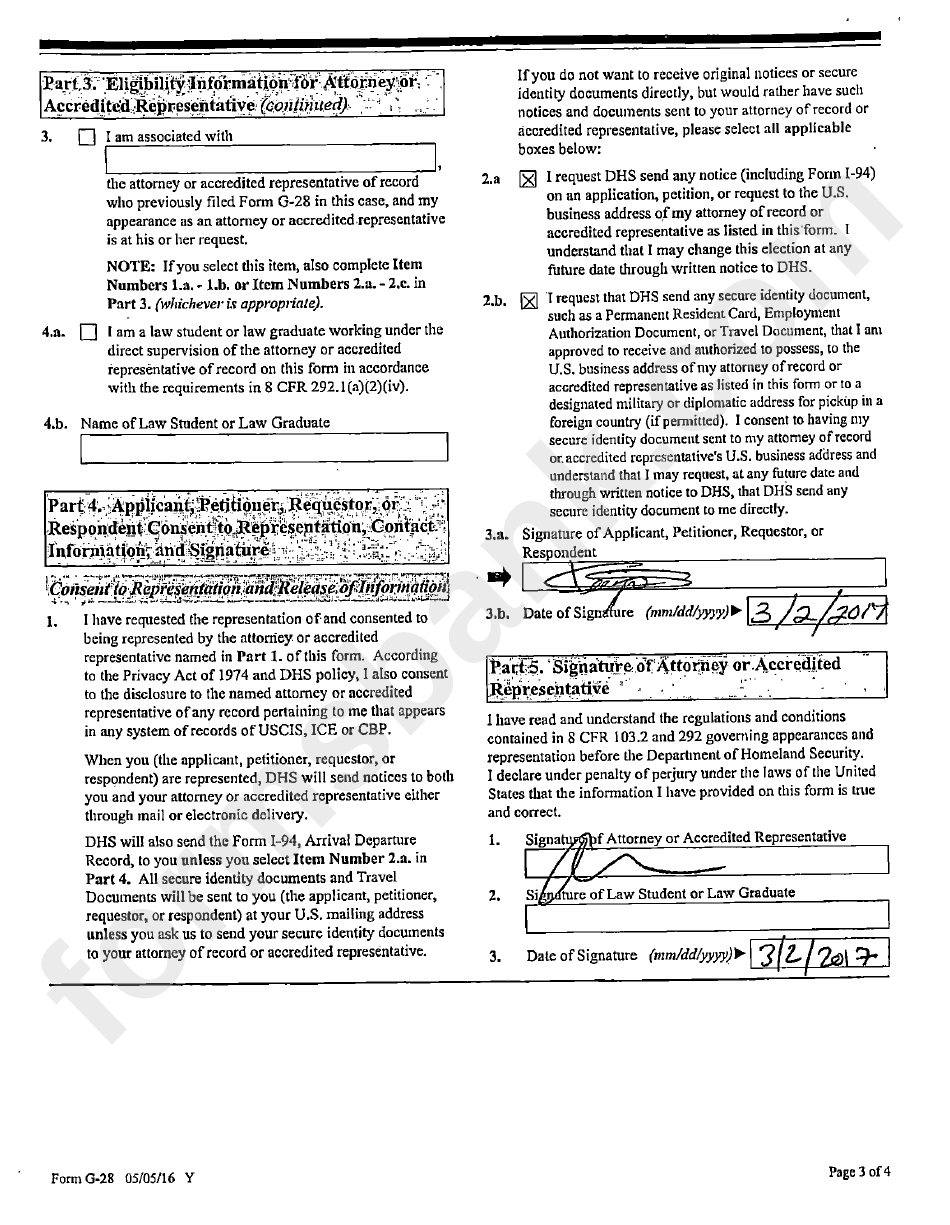 Form G-28 - Notice Of Entry Appearance As Attorney Or Accredited Representative Sample