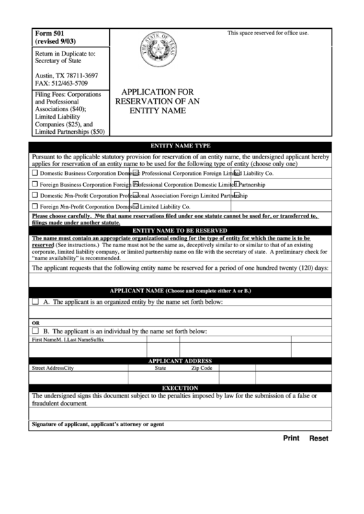 Fillable Form 501 - Application For Reservation Of An Entity Name Printable pdf