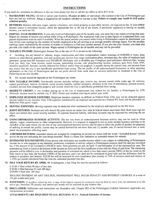 Instructions For Preparing City Of Pickerington Income Tax Return Printable pdf